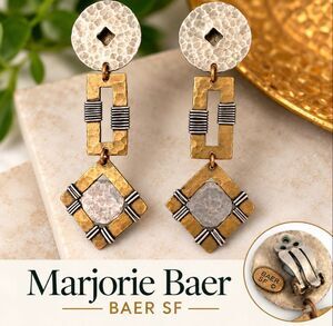Vintage Marjorie Baer BAER SF Mixed Metal Modernist Clip-On Dangle Earrings